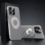 Plain Leather Hybrid Metal Holder MagSafe Phone Case, For iPhone 15 Pro, For iPhone 15, For iPhone 14, For iPhone 14 Pro