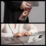 Plain Leather Hybrid Metal Holder MagSafe Phone Case, For iPhone 16 Pro Max, For iPhone 16 Pro, For iPhone 16, For iPhone 15 Pro Max - Image 9