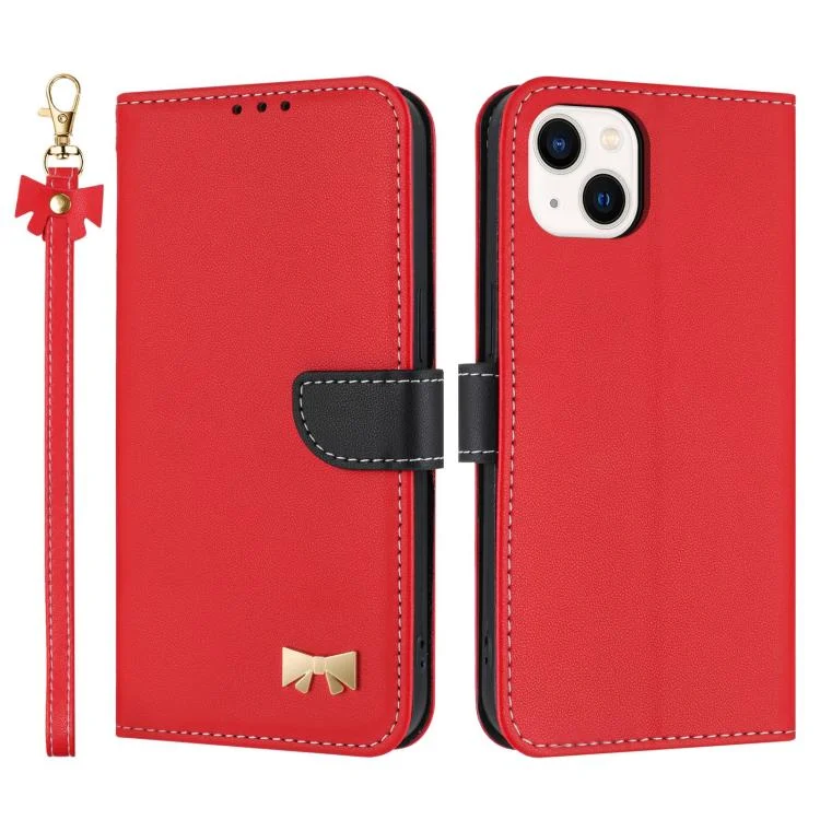 Metal Bow Leather Phone Case with Hand Strap, For iPhone 15, For iPhone 14 / 13, For iPhone 14 Pro