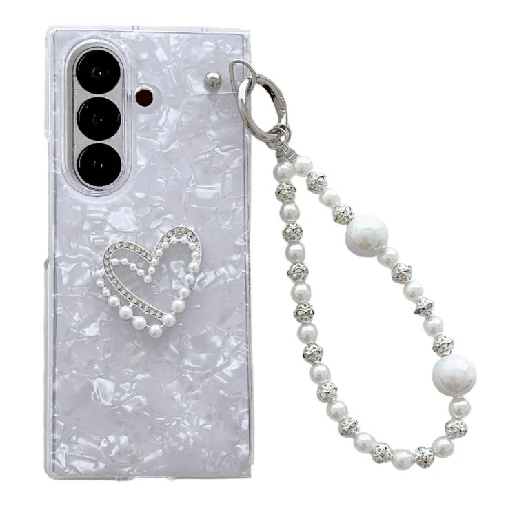 Pearlescent Shell Texture Heart Pattern Phone Case with Bracelet, For Samsung Galaxy Z Fold7 5G, For Samsung Galaxy Z Flip7 5G