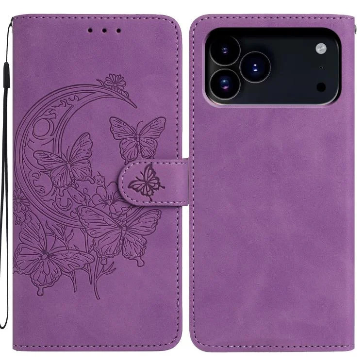 Moonlit Butterfly Dance Pattern Embossed Leather Phone Case, For iPhone 17 Pro Max, For iPhone 17 Pro