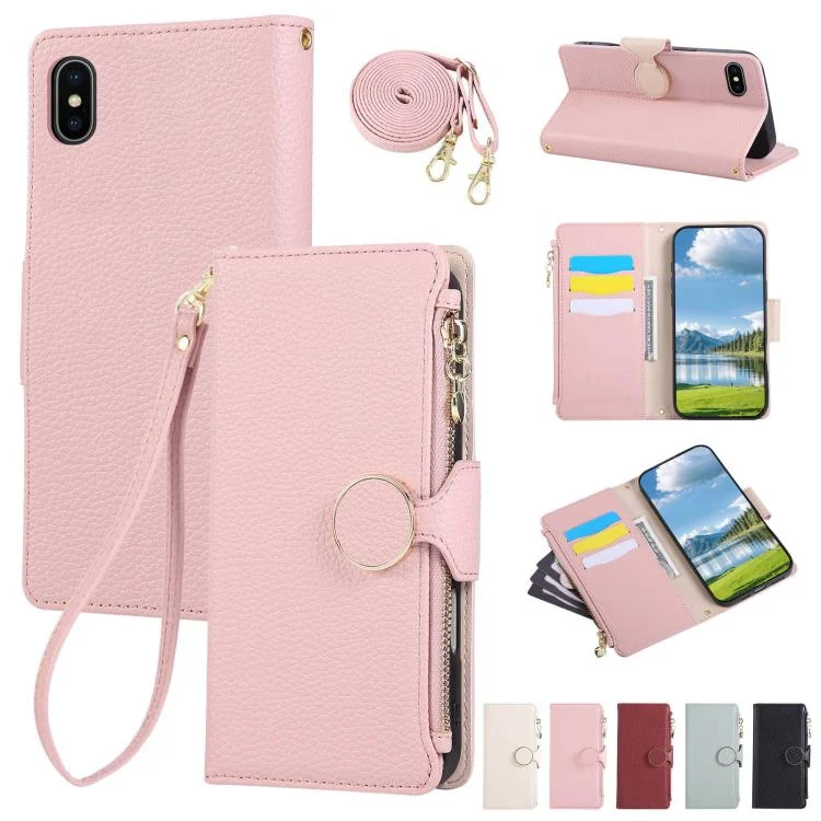 Round Buckle Zipper Wallet Leather Phone Case with Crossbody Strap, For iPhone X / XS, For iPhone XR, For iPhone XS Max, For iPhone 7 Plus / 8 Plus