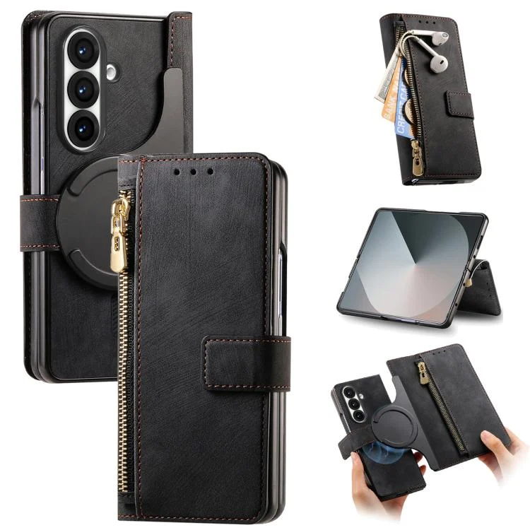 Retro MagSafe Magnetic Zipper Wallet Leather Phone Case, For Samsung Galax Z Fold7 5G