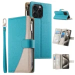 Stitching Multi-card Zipper Wallet Leather Phone Case with Short Strap, For iPhone 15 Pro Max, For iPhone 15 Pro, For iPhone 15 Plus