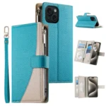 Stitching Multi-card Zipper Wallet Leather Phone Case with Short Strap, For iPhone 15, For iPhone 14 Plus, For iPhone 14 / 13