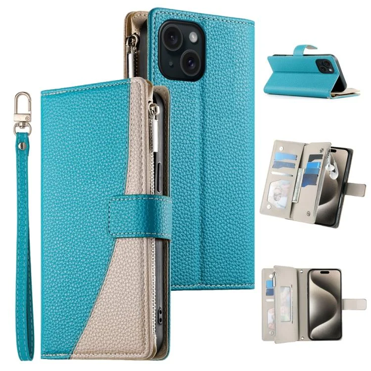 EDA008188909A.webp Stitching Multi-card Zipper Wallet Leather Phone Case with Short Strap, For iPhone 15, For iPhone 14 Plus, For iPhone 14 / 13 - Image 1