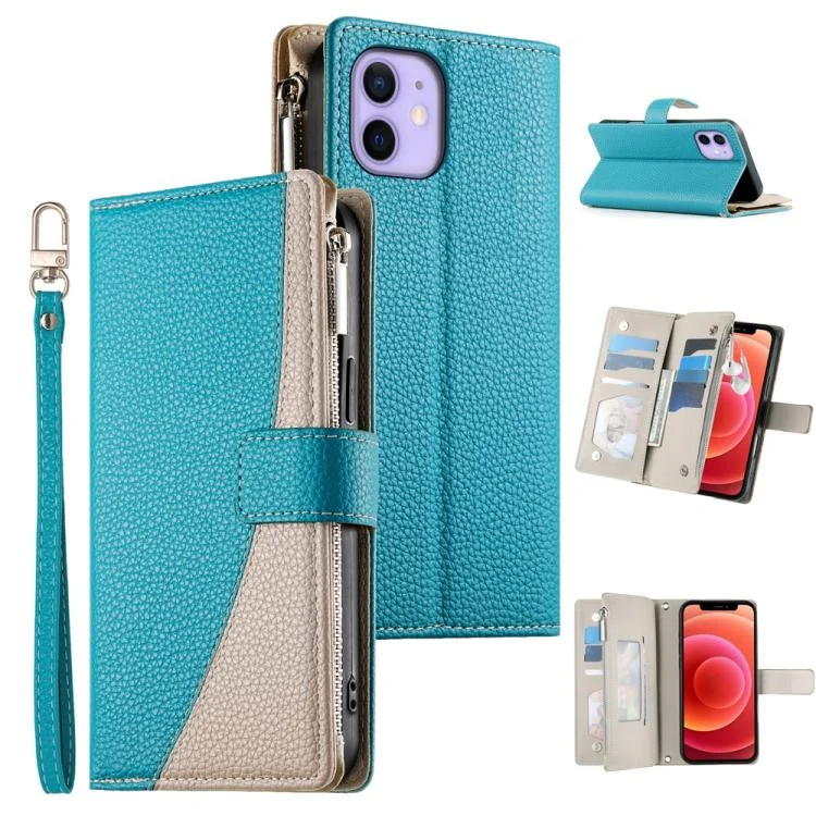 Stitching Multi-card Zipper Wallet Leather Phone Case with Short Strap, For iPhone 12 / 12 Pro, For iPhone 12 Pro Max, For iPhone 12 mini