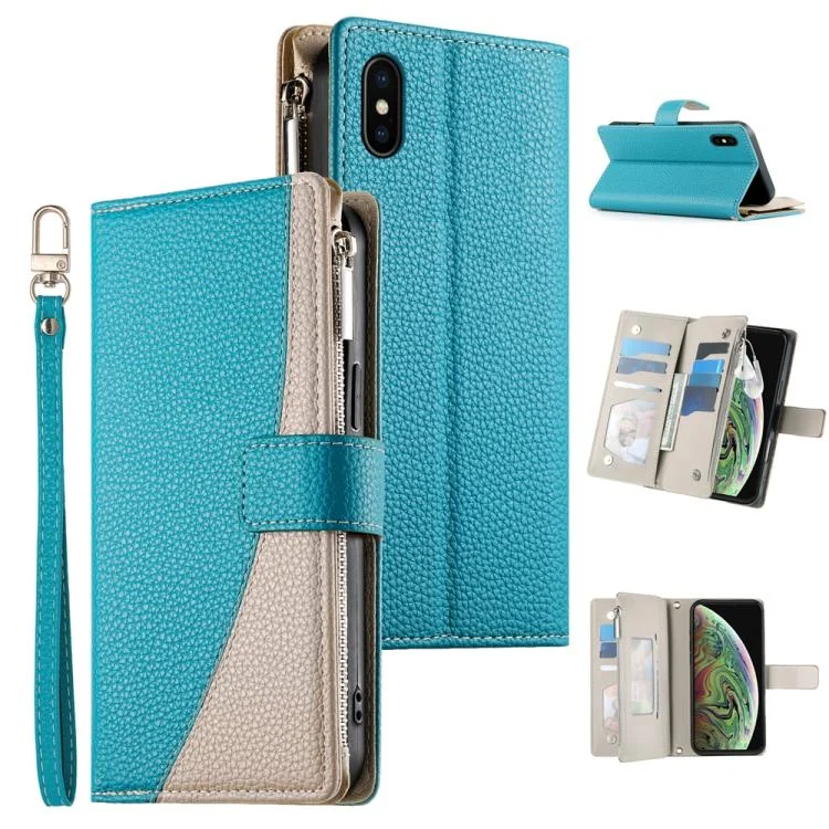 Stitching Multi-card Zipper Wallet Leather Phone Case with Short Strap, For iPhone X / XS, For iPhone XR, For iPhone XS Max