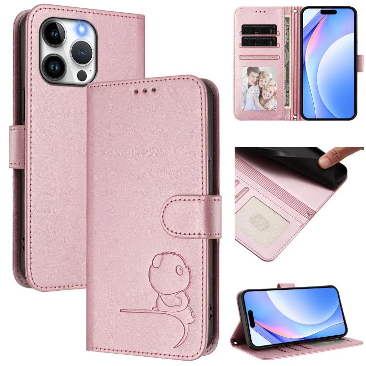 Litter Panda Embossing RFID Leather Phone Case with Lanyard, For iPhone 15 Pro Max, For iPhone 15 Pro, For iPhone 15 Plus