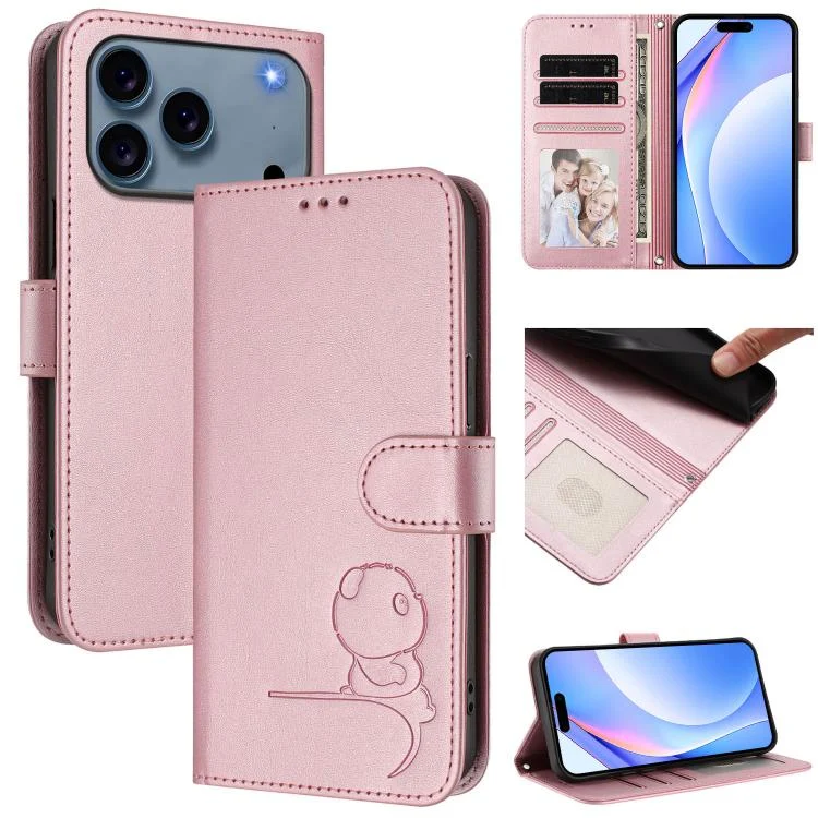 Litter Panda Embossing RFID Leather Phone Case with Lanyard, For iPhone 17 Pro Max, For iPhone 17 Pro, For iPhone 17