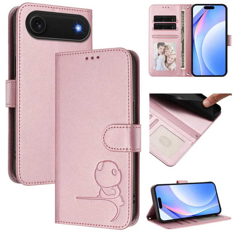Litter Panda Embossing RFID Leather Phone Case with Lanyard, For iPhone 17 Air, For iPhone 16e, For iPhone 16 Pro Max