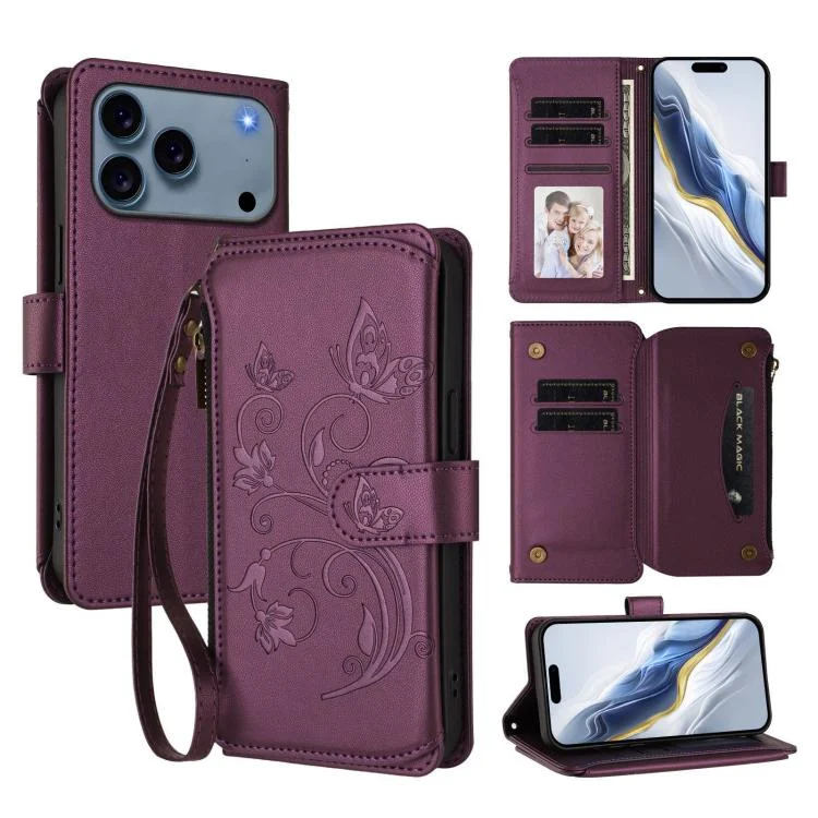 EDA008382801A.webp Butterfly Love Flower Multi-card Zipper Wallet Leather Phone Case, For iPhone 17 Pro Max, For iPhone 17 Pro - Image 1