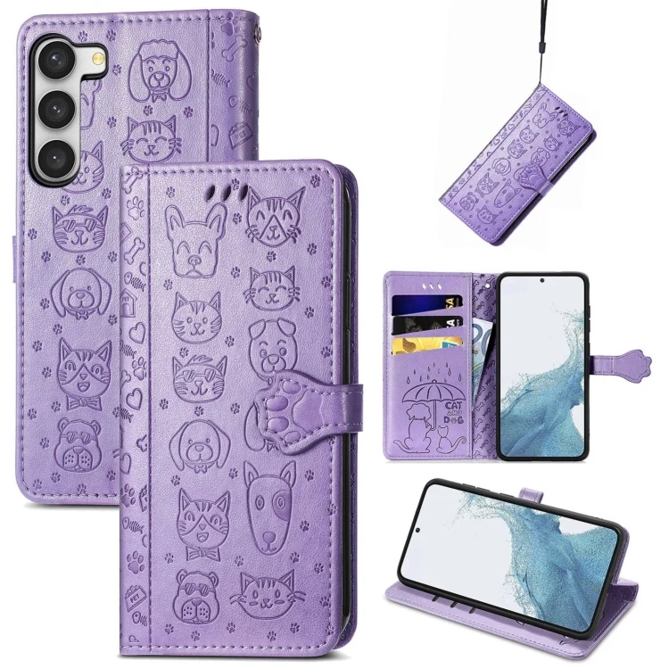Cute Cat and Dog Embossed Leather Phone Case, For Samsung Galaxy S23 5G, For Samsung Galaxy S23+ 5G