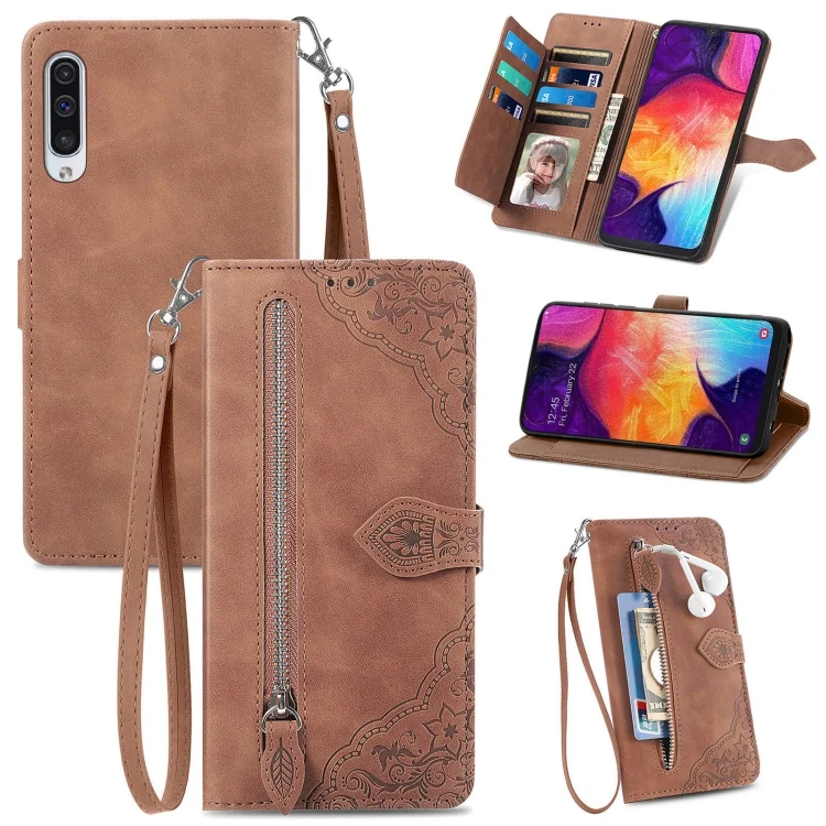 Embossed Flower Zipper Leather Phone Case, For Samsung Galaxy A50, For Samsung Galaxy S10+