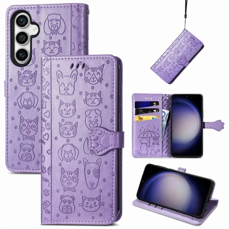 Cat and Dog Embossed Leather Phone Case, For Samsung Galaxy S23 FE 5G