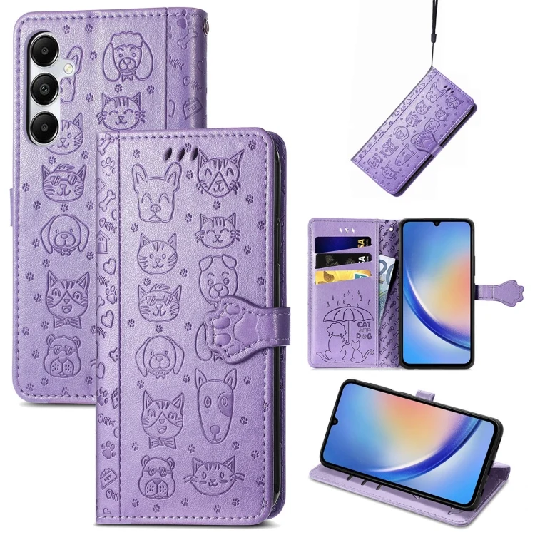 Cat and Dog Embossed Leather Phone Case, For Samsung Galaxy A35 5G, For Samsung Galaxy S24 Ultra 5G