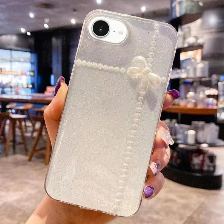 Pearl Bow Glitter Epoxy TPU Phone Case, For iPhone 16e, For iPhone 16 Pro Max, For iPhone 16 Pro, For iPhone 16 Plus, For iPhone 16, For iPhone 15 Pro Max, For iPhone 15 Pro, For iPhone 15 Plus...