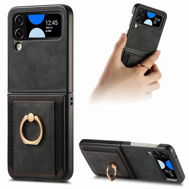 Retro Skin-feel Ring Card Bag Phone Case, For Samsung Galaxy Z Flip4