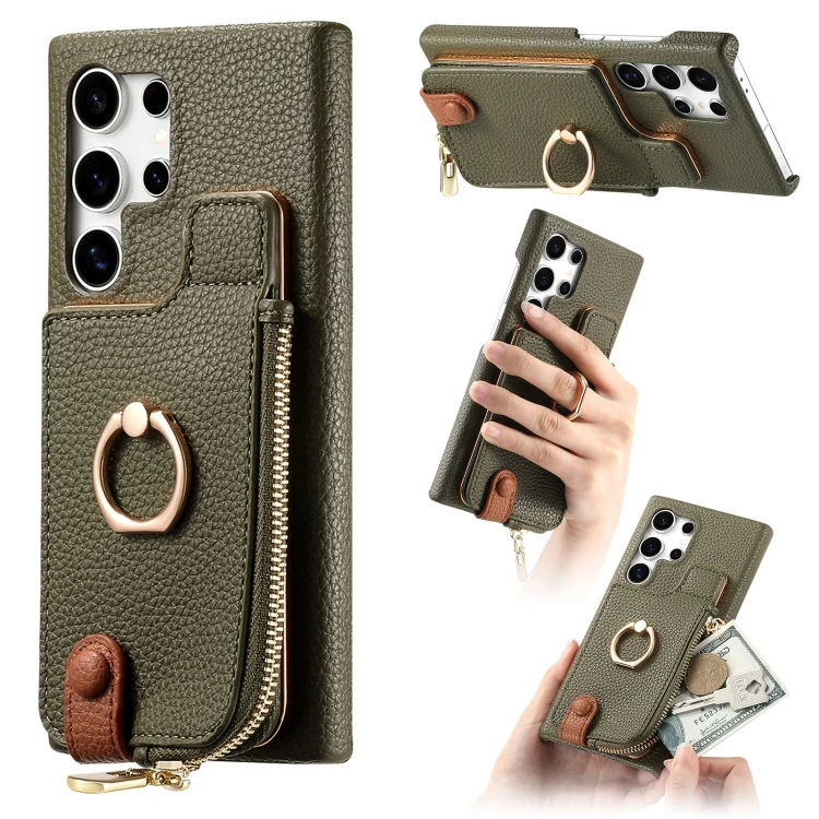 Litchi Leather Oil Edge Ring Zipper Wallet Back Phone Case, For Samsung Galaxy S24 Ultra 5G, For Samsung Galaxy S24+ 5G