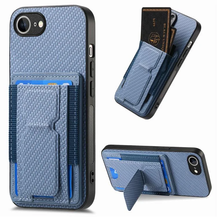 Carbon Fiber Fold Stand Elastic Card Bag Phone Case, For iPhone 16e, For iPhone 15 Pro Max, For iPhone 15 Pro, For iPhone 15 Plus