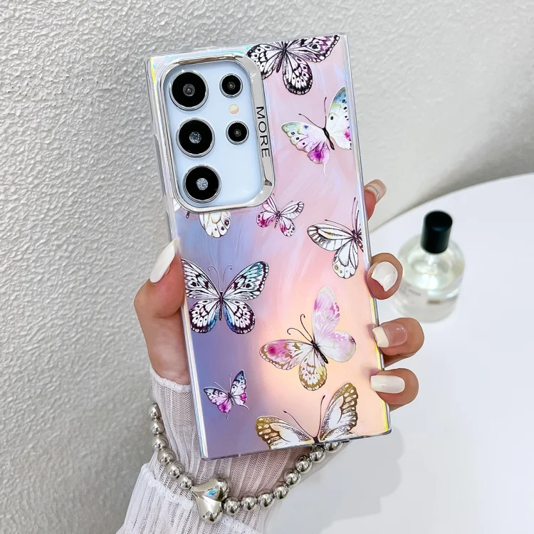Electroplating Laser Butterfly Phone Case with Wrist Strap, For Samsung Galaxy S24 Ultra 5G, For Samsung Galaxy S24+ 5G, For Samsung Galaxy S24 5G