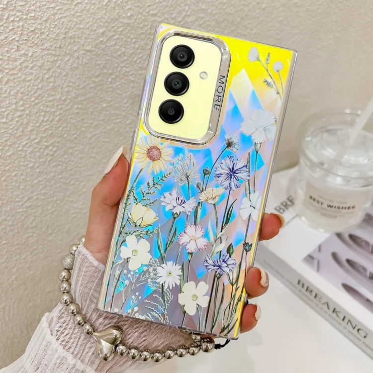 Electroplating Laser Flower Phone Case with Wrist Strap, For Samsung Galaxy A15 5G