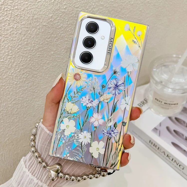 Electroplating Laser Flower Phone Case with Wrist Strap, For Samsung Galaxy A55 5G