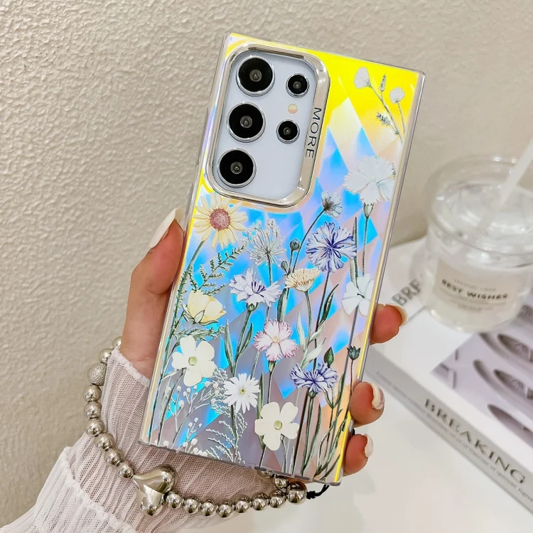Electroplating Laser Flower Phone Case with Wrist Strap, For Samsung Galaxy S24 Ultra 5G