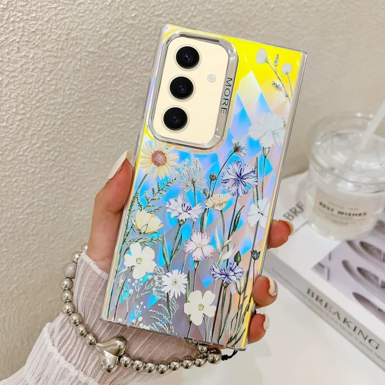 Electroplating Laser Flower Phone Case with Wrist Strap, For Samsung Galaxy S24 5G