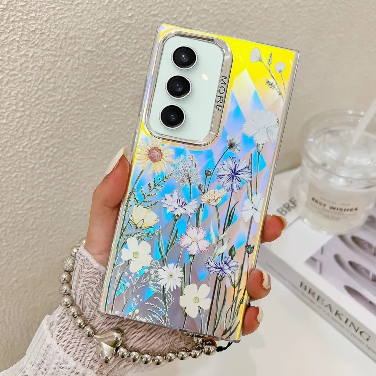 Electroplating Laser Flower Phone Case with Wrist Strap, For Samsung Galaxy S23 FE 5G