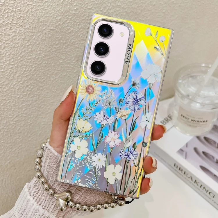 Electroplating Laser Flower Phone Case with Wrist Strap, For Samsung Galaxy S23+ 5G