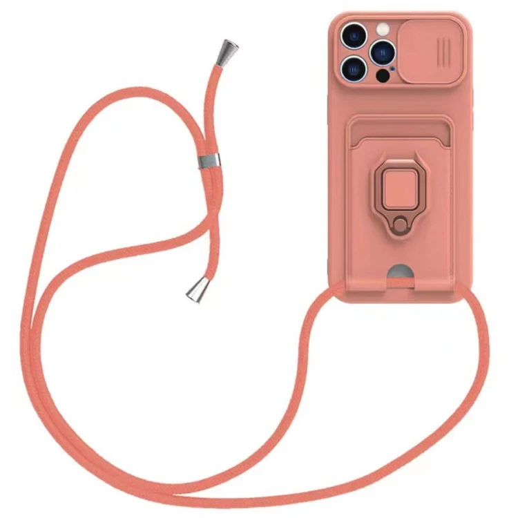 Sliding Camshield Magnetic Card Holder Silicone Phone Case with Lanyard, For iPhone 15 Pro, For iPhone 15 Plus, For iPhone 15