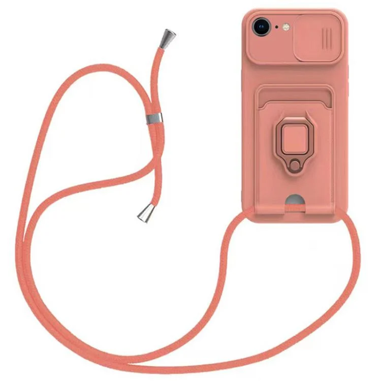 Sliding Camshield Magnetic Card Holder Silicone Phone Case with Lanyard, For iPhone 16e, For iPhone 16 Pro Max, For iPhone 16 Pro