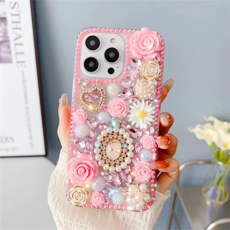 Diamond Inlaid Rose PC Phone Case, For iPhone 15 Pro Max, For iPhone 15 Pro, For iPhone 15 Plus, For iPhone 15, For iPhone 14 Plus