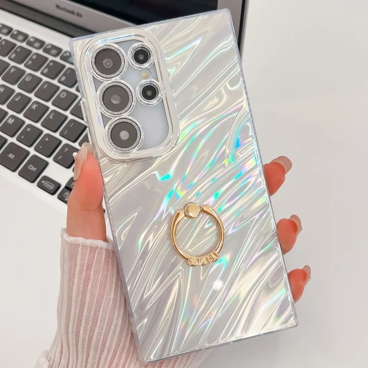 Plating Glitter Texture Ring Holder TPU Phone Case with Lens Film, For Samsung Galaxy S23 Ultra 5G