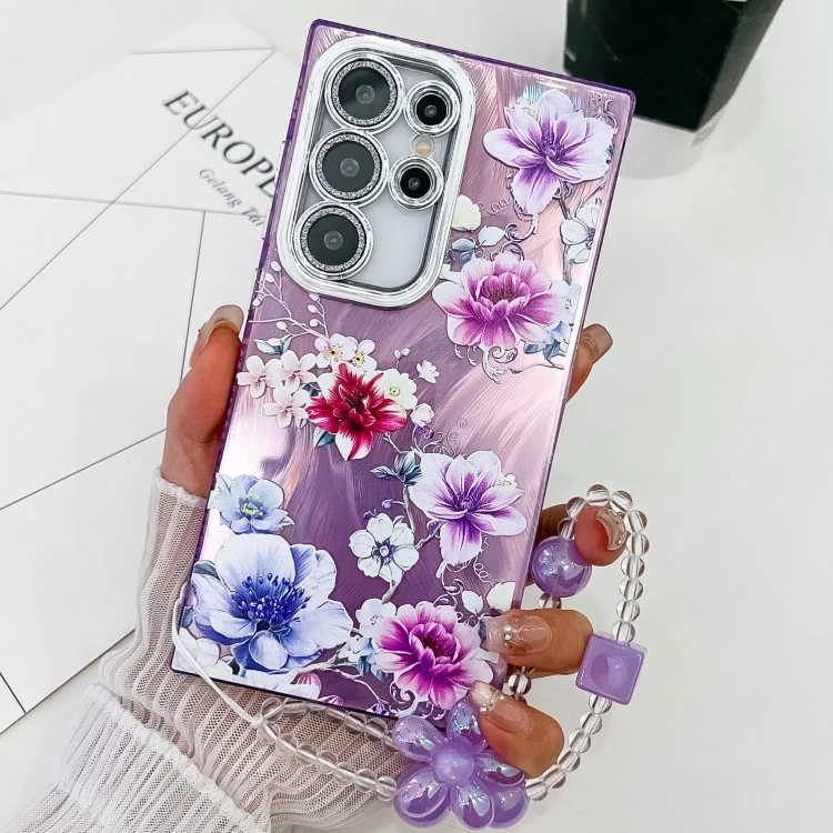Electroplating Flowers Plants Texture Wristband TPU Phone Case, For Samsung Galaxy S25 Ultra 5G