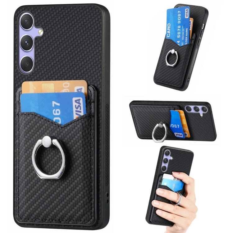Carbon Fiber Card Wallet Ring Phone Case, For Samsung Galaxy S25+ 5G, For Samsung Galaxy S25 Ultra 5G