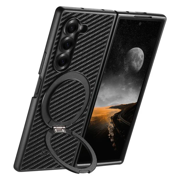 Suteni G3 Carbon Fiber Leather 360 Rotation Holder MagSafe Phone Case, For Samsung Galaxy Z Fold7 5G, For Samsung Galaxy Z Flip7 5G, For Samsung Galaxy Z Flip6 / Flip7 FE, For Samsung Galaxy Z Fold...
