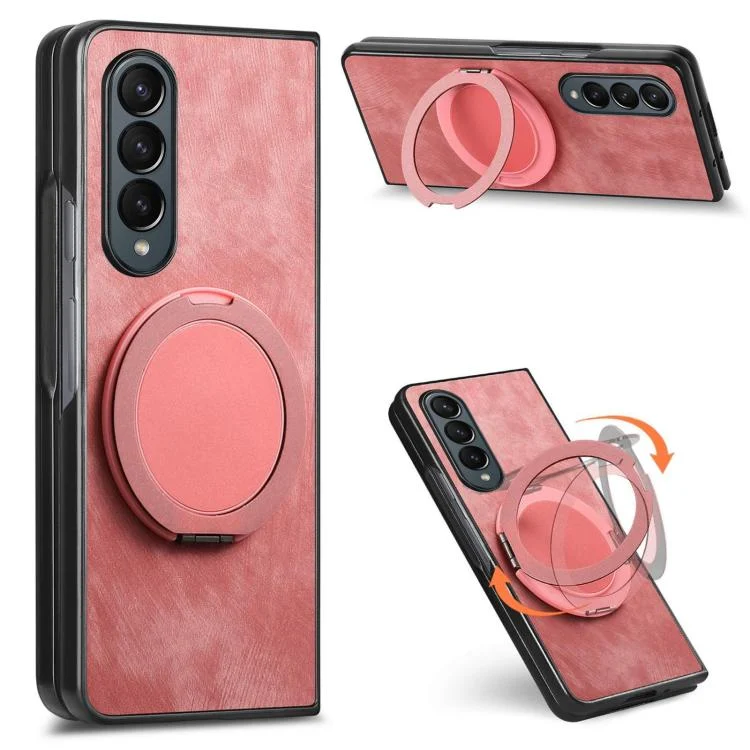 Retro Leather Rotation Round Holder Phone Case, For Samsung Galaxy Z Fold4