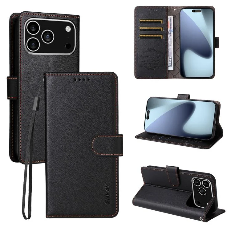 ENKAY RFID Blocking Wallet Kickstand Litchi Texture Leather Phone Case, For iPhone 16e, For iPhone 16 Pro Max, For iPhone 16 Pro, For iPhone 16 Plus
