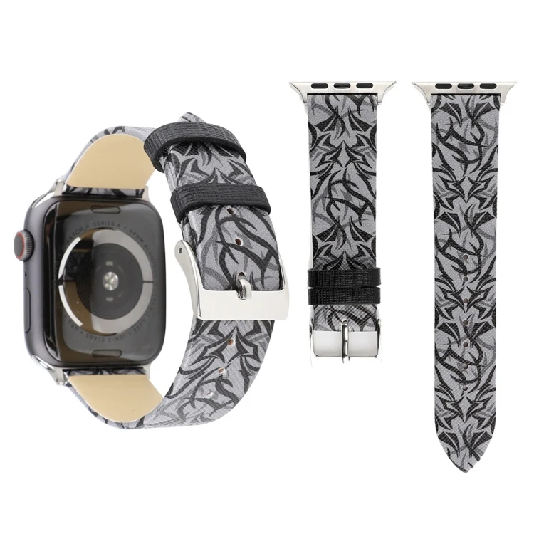 Thorns Printing Genuine Leather Watch Band for Apple Watch Series 10 42mm / 9&8&7 41mm / SE 3&SE 2&6&SE&5&4 40mm / 3&2&1 38mm