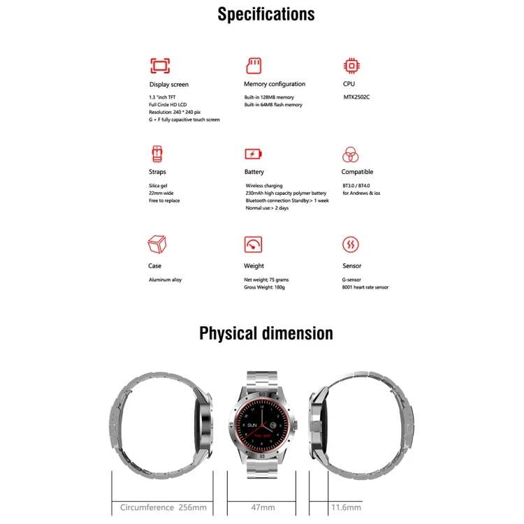 CA6559_B10.webp N6 Smart Watch 1.3 inch TFT Screen MTK2502C Bluetooth4.0, Stainless Steel Watch Band, Support Heart Rate Monitor & Pedometer & Sleep Monitor & Sedentary Reminder - Image 11