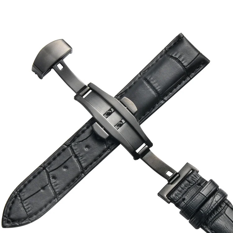 EDA002041703A.webp Classic Cowhide Leather Black Butterfly Buckle Replacement Strap Watchband - Image 1