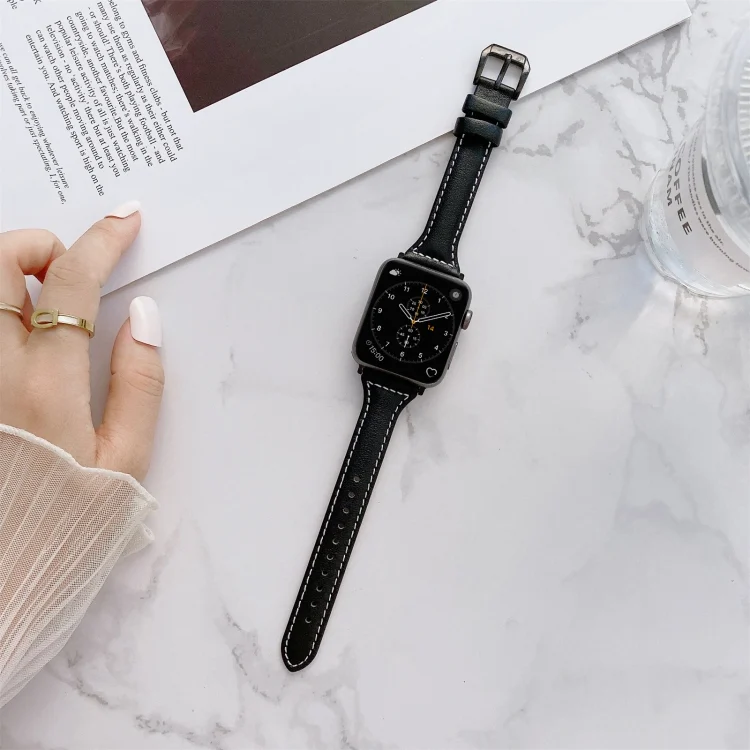 Sewing Plain Weave Small Waist Leather Replacement Strap Watchband For Apple Watch Series, 7 41mm / 6&SE&5&4 40mm / 3&2&1 38mm, 7 45mm / 6&SE&5&4 44mm / 3&2&1 42mm