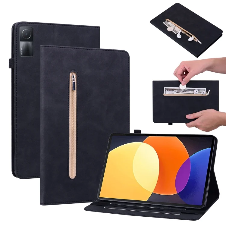 Skin Feel Solid Color Zipper Leather Tablet Case, For Xiaomi Pad 5 Pro 12.4, For Xiaomi Redmi Pad 10.61