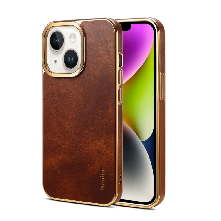 Denior Oil Wax Cowhide Plating Phone Case, For iPhone 14 Plus, For iPhone 15 Pro Max, For iPhone 14, For iPhone 15 Pro, For iPhone 15 Plus