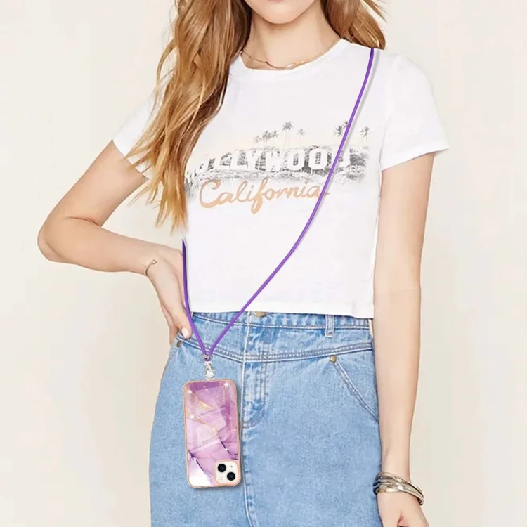 EDA005078101A_3.webp Electroplating Marble Pattern IMD TPU Shockproof Case with Neck Lanyard, For iPhone 15 - Image 4