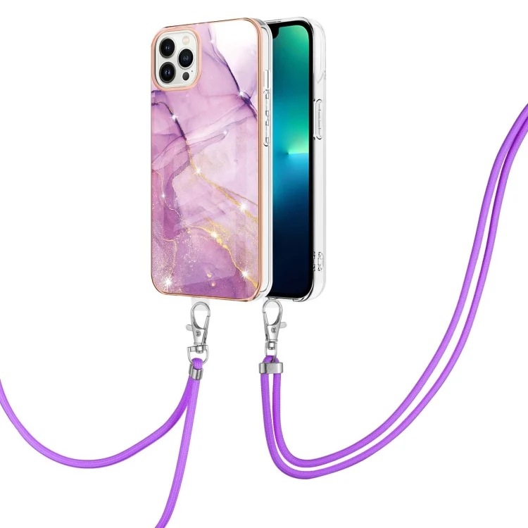 Electroplating Marble Pattern IMD TPU Shockproof Case with Neck Lanyard, For iPhone 15 Pro Max, For iPhone 15 Pro, For iPhone 15 Plus