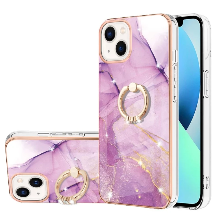 Electroplating Marble Pattern IMD TPU Shockproof Case with Ring Holder, For iPhone 15