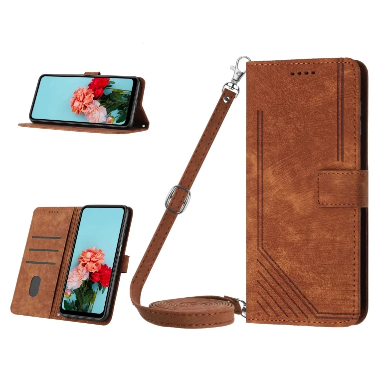 Skin Feel Stripe Pattern Leather Phone Case with Lanyard, For iPhone 15 Plus, For iPhone 15